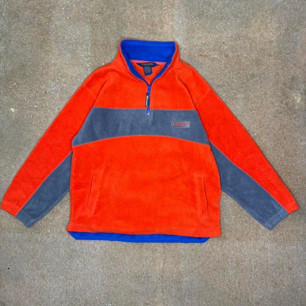 Woolrich Quarter Zip Fleece Pullover Mens Medium Orange Gray Blue Colorblock